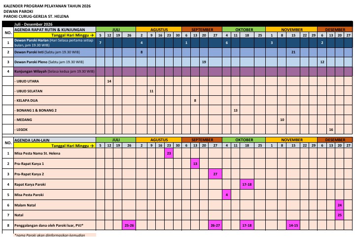 Kalender Juli - Desember 2026